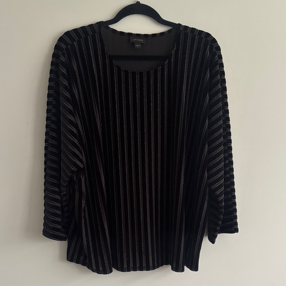 J. Jill Top Size XL Wearever Collection Velvet Black Ribbed Velour Stripe Office